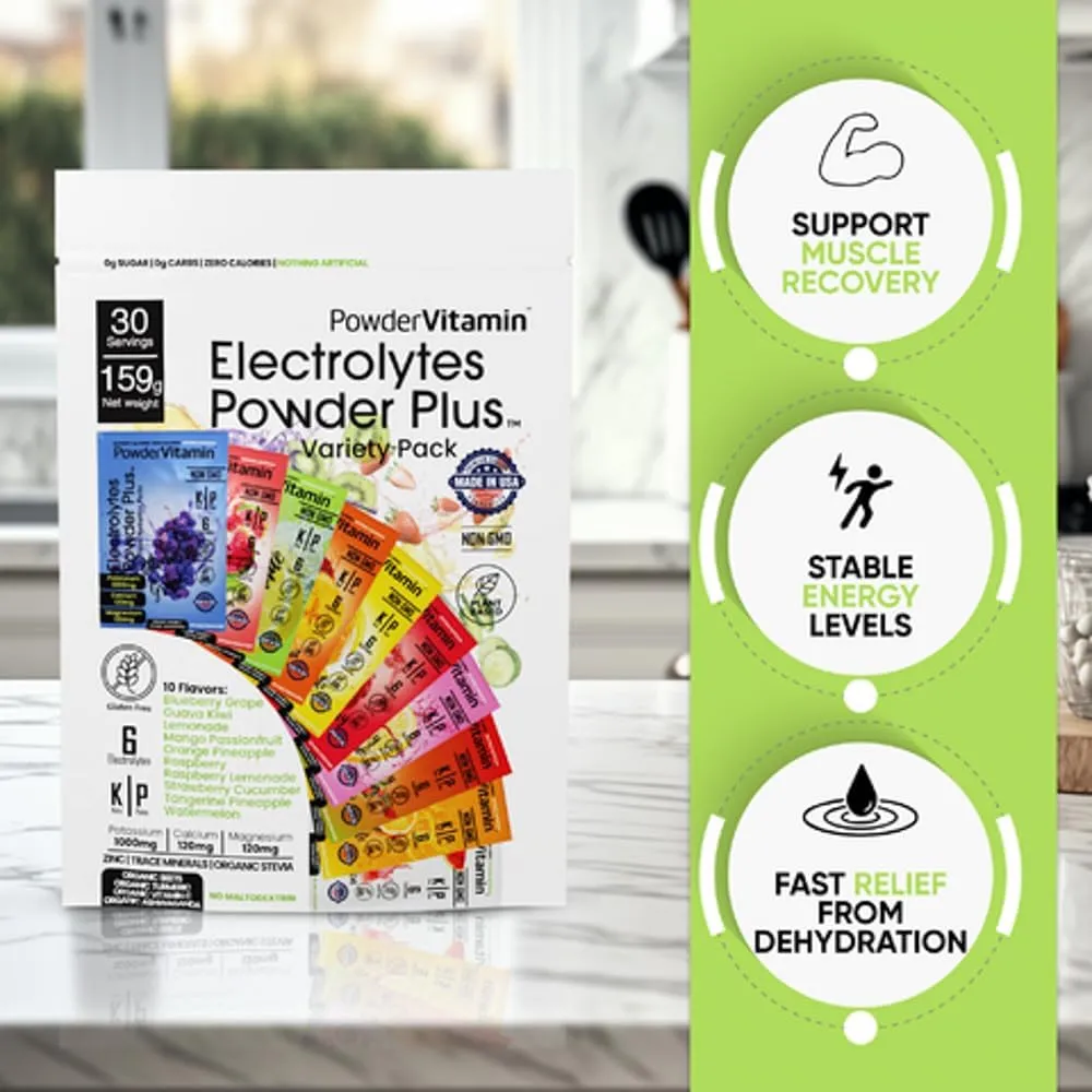 Electrolytes Powder Plus Keto, Variety Pack, Zero Sugar, 1000mg Potassium, 120mg Calcium, 120mg Magnesium, Non-GMO, Zero Calories, 30 Hydration Packets