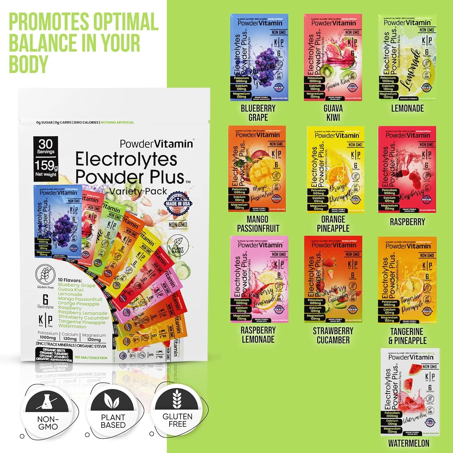 Electrolytes Powder Plus Keto, Variety Pack, Zero Sugar, 1000mg Potassium, 120mg Calcium, 120mg Magnesium, Non-GMO, Zero Calories, 30 Hydration Packets