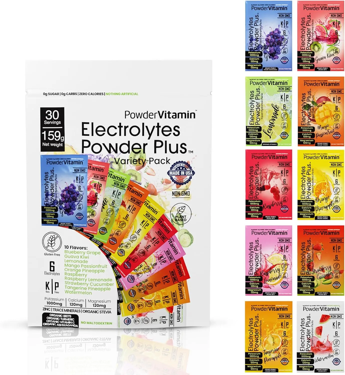 Electrolytes Powder Plus Keto, Variety Pack, Zero Sugar, 1000mg Potassium, 120mg Calcium, 120mg Magnesium, Non-GMO, Zero Calories, 30 Hydration Packets