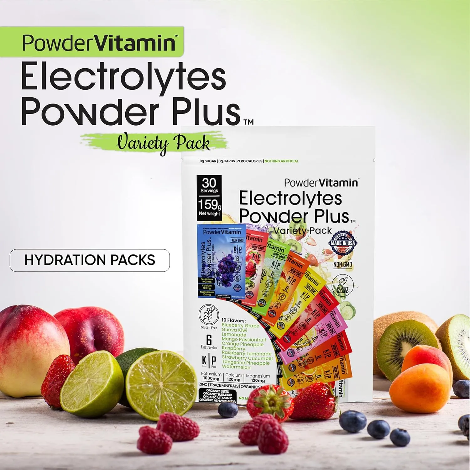 Electrolytes Powder Plus Keto, Variety Pack, Zero Sugar, 1000mg Potassium, 120mg Calcium, 120mg Magnesium, Non-GMO, Zero Calories, 30 Hydration Packets