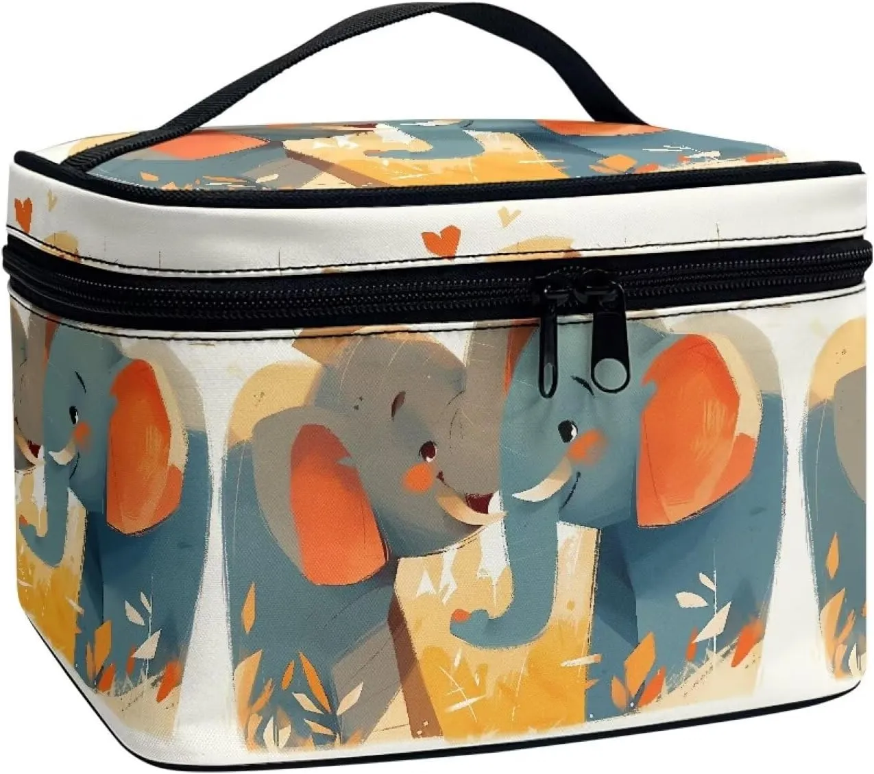Elephant Lover Print Large Portable Cosmetic Makeup Travel Organizer for Women, Cartoon Animal Couples Make up Organizer Toiletry Bag with Handle