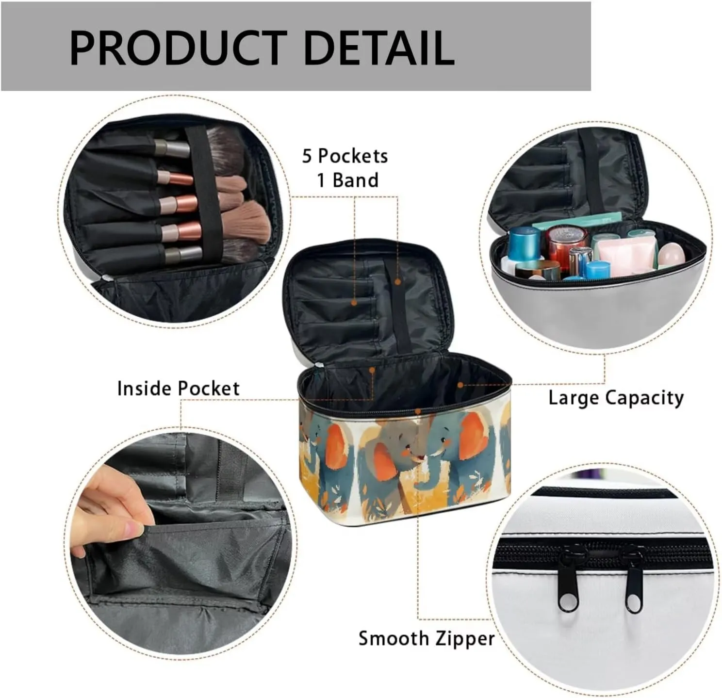 Elephant Lover Print Large Portable Cosmetic Makeup Travel Organizer for Women, Cartoon Animal Couples Make up Organizer Toiletry Bag with Handle