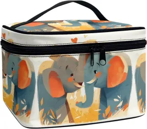 Elephant Lover Print Large Portable Cosmetic Makeup Travel Organizer for Women, Cartoon Animal Couples Make up Organizer Toiletry Bag with Handle