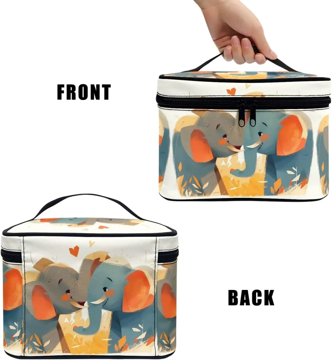 Elephant Lover Print Large Portable Cosmetic Makeup Travel Organizer for Women, Cartoon Animal Couples Make up Organizer Toiletry Bag with Handle