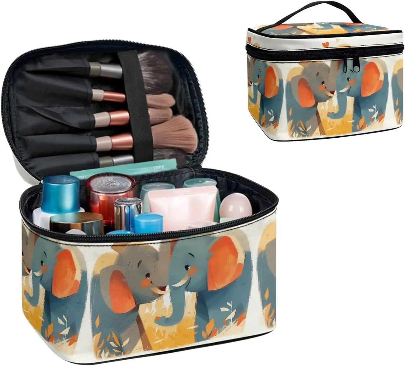 Elephant Lover Print Large Portable Cosmetic Makeup Travel Organizer for Women, Cartoon Animal Couples Make up Organizer Toiletry Bag with Handle