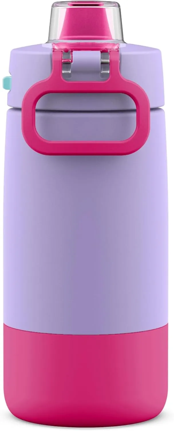 Ello Kids Colby 12oz Stainless Steel Insulated Water Bottle with Straw and Built-In Silicone Coaster Carrying Handle and Leak-Proof Locking Lid for School Backpack, Lunchbox, and Outdoor Sports