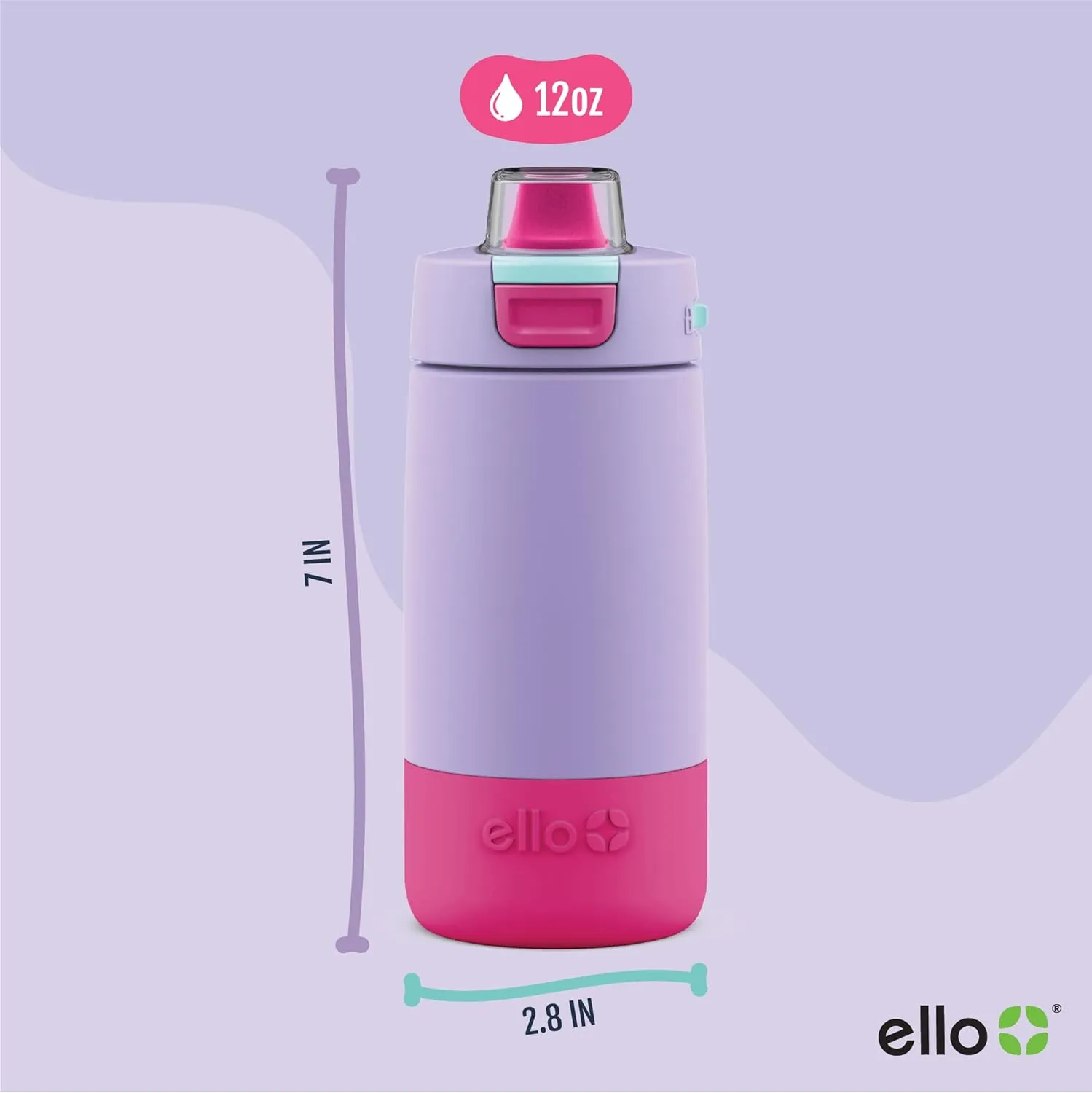 Ello Kids Colby 12oz Stainless Steel Insulated Water Bottle with Straw and Built-In Silicone Coaster Carrying Handle and Leak-Proof Locking Lid for School Backpack, Lunchbox, and Outdoor Sports