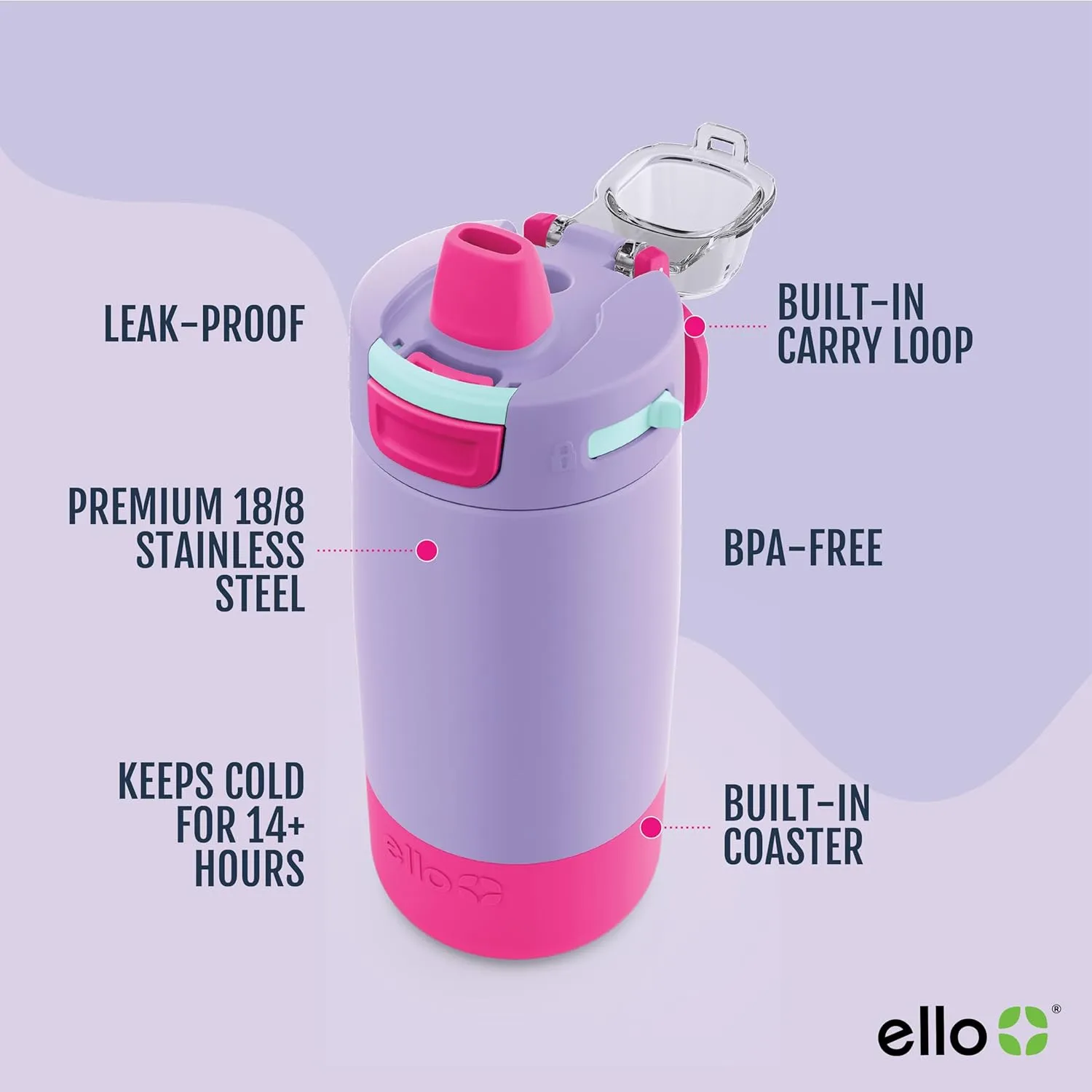 Ello Kids Colby 12oz Stainless Steel Insulated Water Bottle with Straw and Built-In Silicone Coaster Carrying Handle and Leak-Proof Locking Lid for School Backpack, Lunchbox, and Outdoor Sports