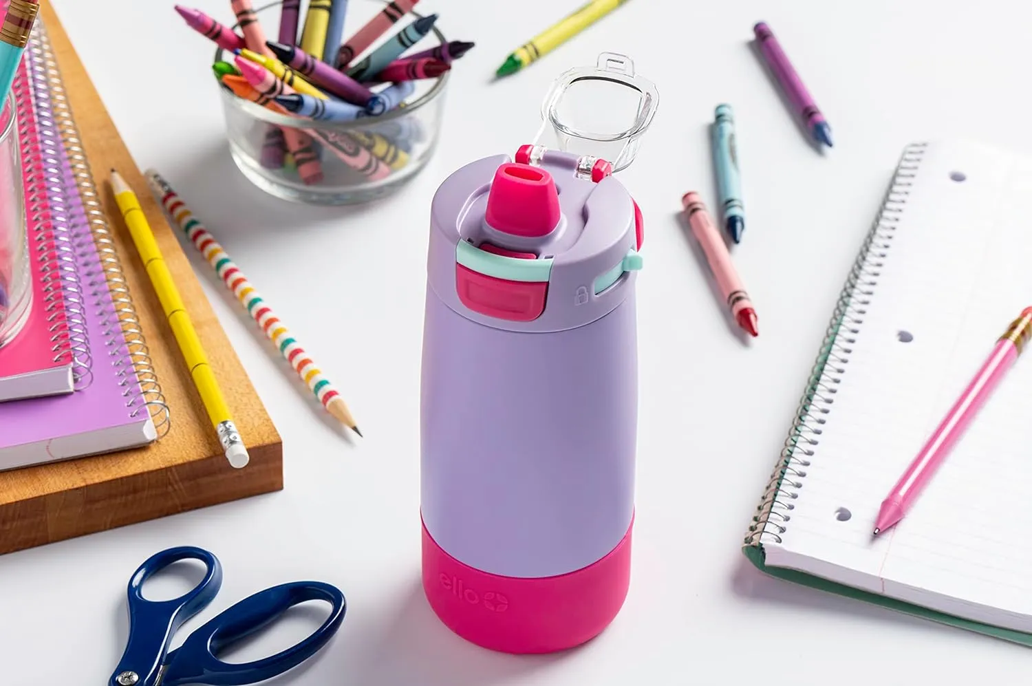 Ello Kids Colby 12oz Stainless Steel Insulated Water Bottle with Straw and Built-In Silicone Coaster Carrying Handle and Leak-Proof Locking Lid for School Backpack, Lunchbox, and Outdoor Sports