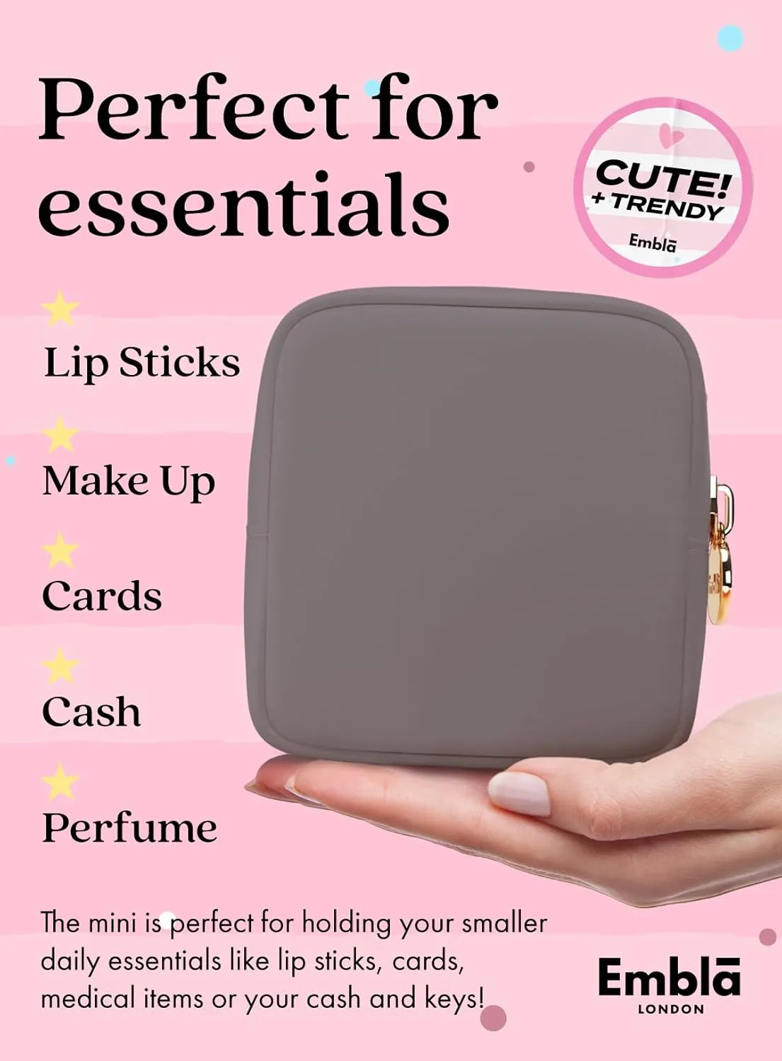 Embla Makeup Bag Travel Cosmetics Pouch and Toiletry Bag, Nylon Zipper Pouch Purse, Cute Make Up Organizer Storage Tote for Women Girls, Waterproof Travel Skincare Case, Small Makeup Bags, Grey
