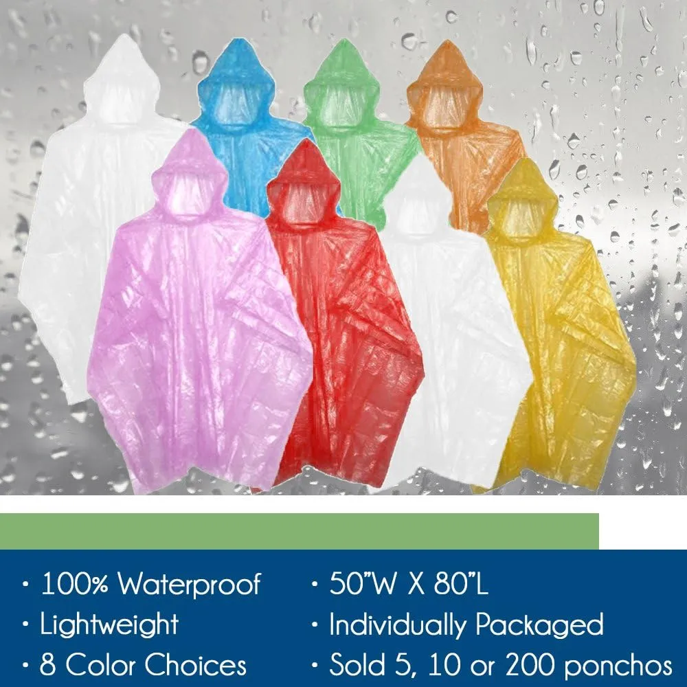 Emergency Disposable Rain Ponchos 8 Colors - (Sold in 5, 10, 30, or 200 Packs)