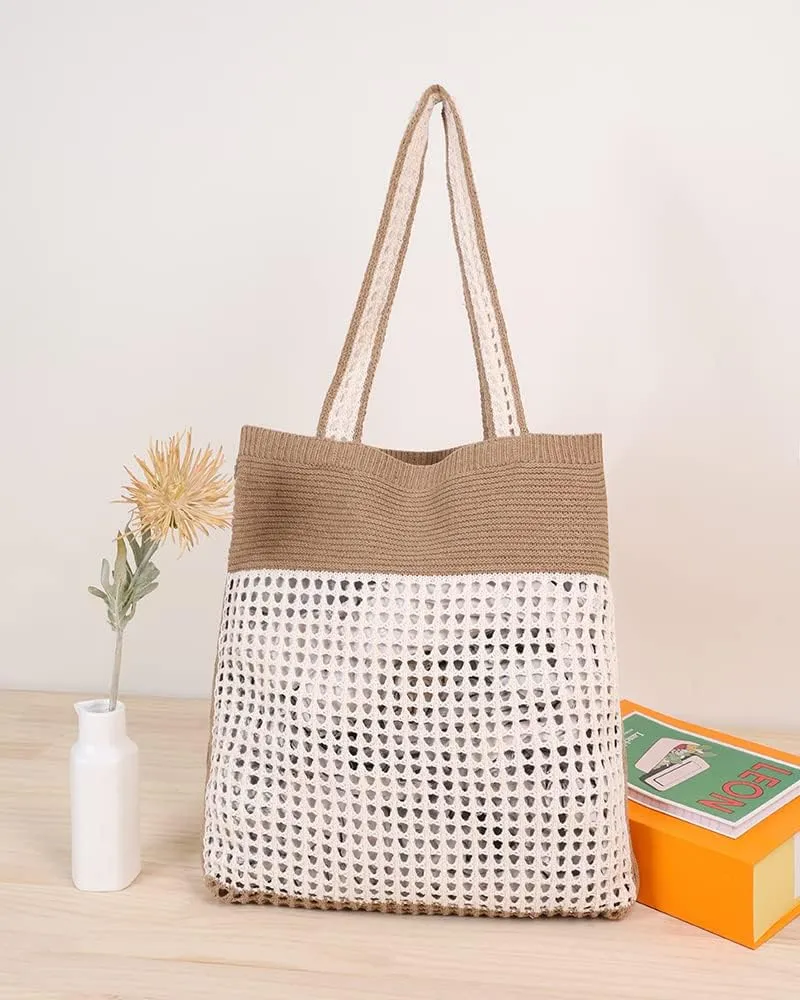 ENBEI Beach Bag Crochet Tote bag for Women,Aesthetic Boho Large Bag,Foldable&Lightweight,Shopping,Beach,Travel,Daily Use