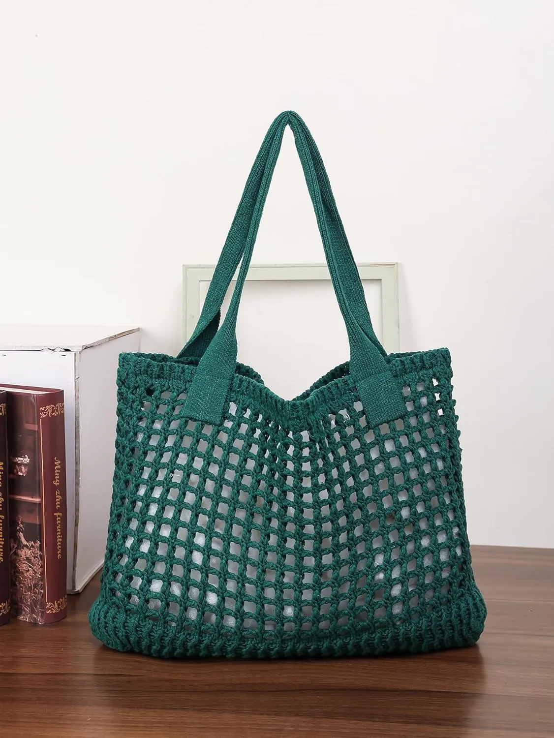 ENBEI Women's Beach Tote Bag, Crochet Knit Hollow Design, Stylish Tote for Beach,Travel and Everyday Use Aesthetic Handbag