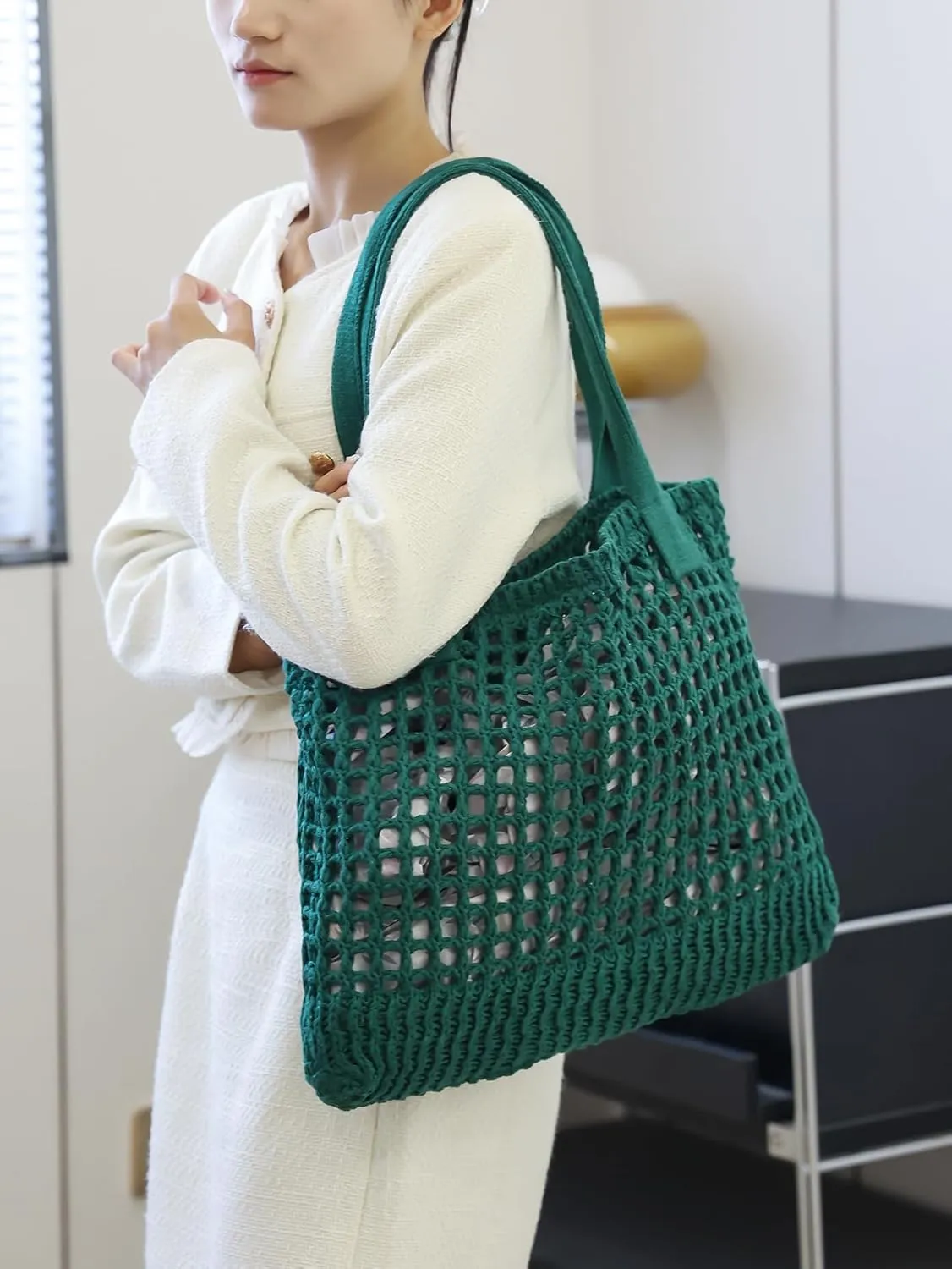 ENBEI Women's Beach Tote Bag, Crochet Knit Hollow Design, Stylish Tote for Beach,Travel and Everyday Use Aesthetic Handbag