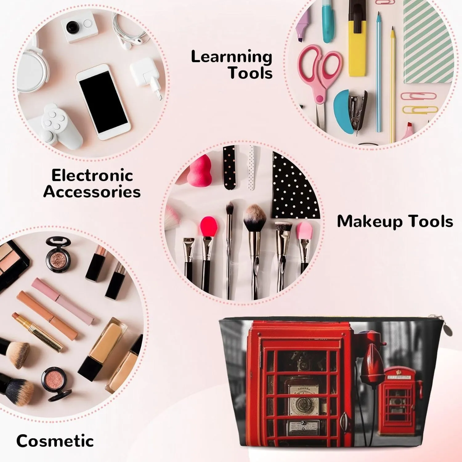 England Uk Retro London Telephone Cosmetic Bag Pu Leather Waterproof Makeup Bag Portable Travel Toiletry Bag Organizer Gold Zipper Pouch For Women Ladies Gift