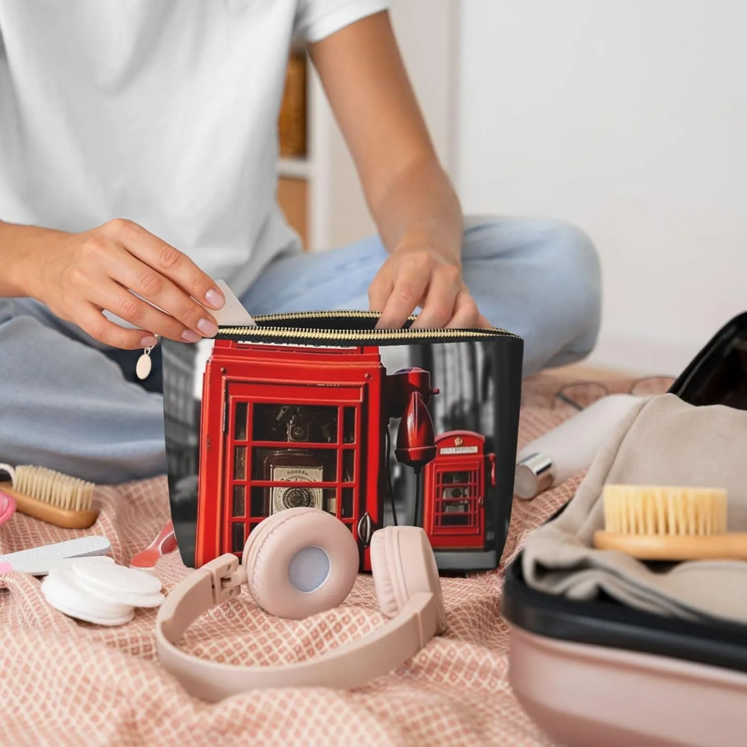 England Uk Retro London Telephone Cosmetic Bag Pu Leather Waterproof Makeup Bag Portable Travel Toiletry Bag Organizer Gold Zipper Pouch For Women Ladies Gift