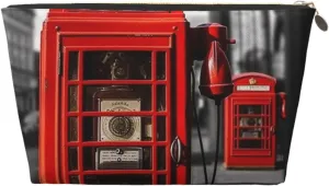 England Uk Retro London Telephone Cosmetic Bag Pu Leather Waterproof Makeup Bag Portable Travel Toiletry Bag Organizer Gold Zipper Pouch For Women Ladies Gift