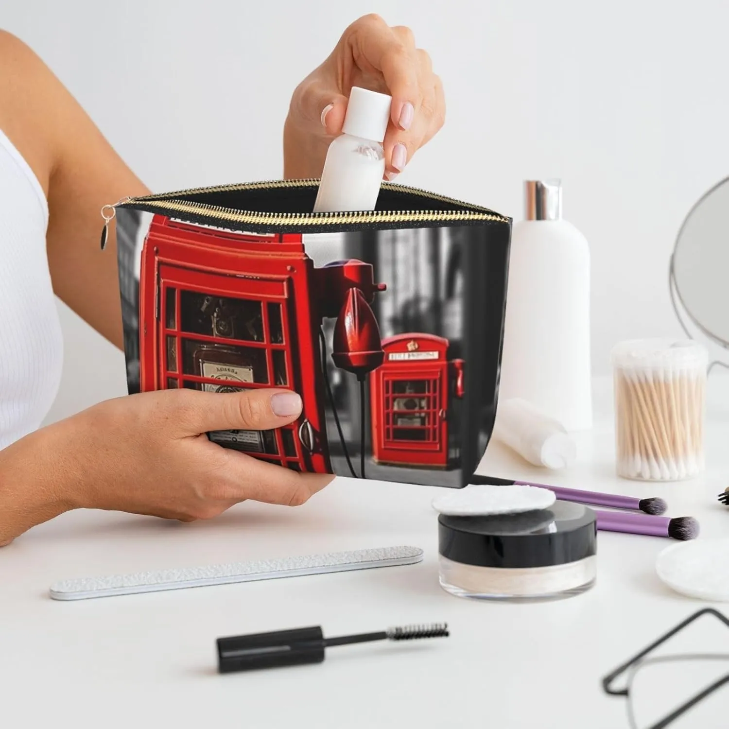 England Uk Retro London Telephone Cosmetic Bag Pu Leather Waterproof Makeup Bag Portable Travel Toiletry Bag Organizer Gold Zipper Pouch For Women Ladies Gift