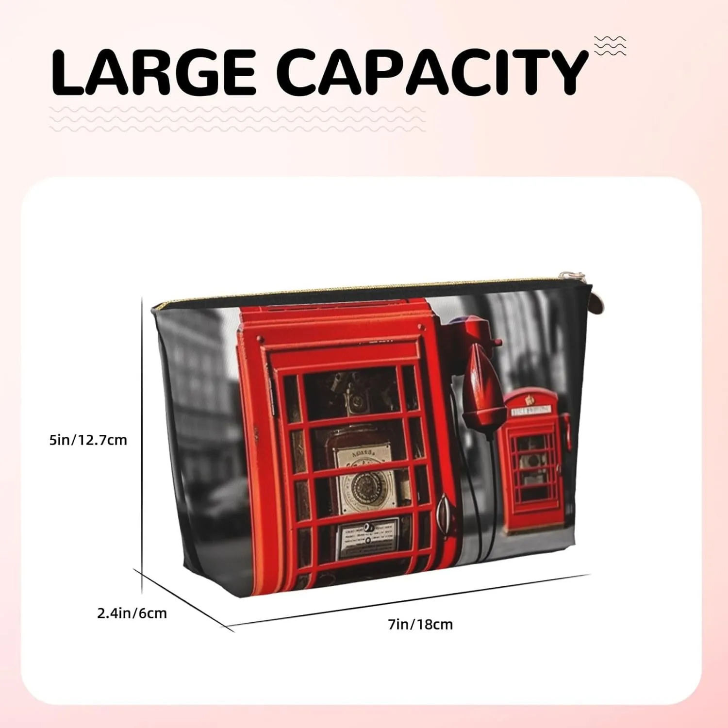 England Uk Retro London Telephone Cosmetic Bag Pu Leather Waterproof Makeup Bag Portable Travel Toiletry Bag Organizer Gold Zipper Pouch For Women Ladies Gift