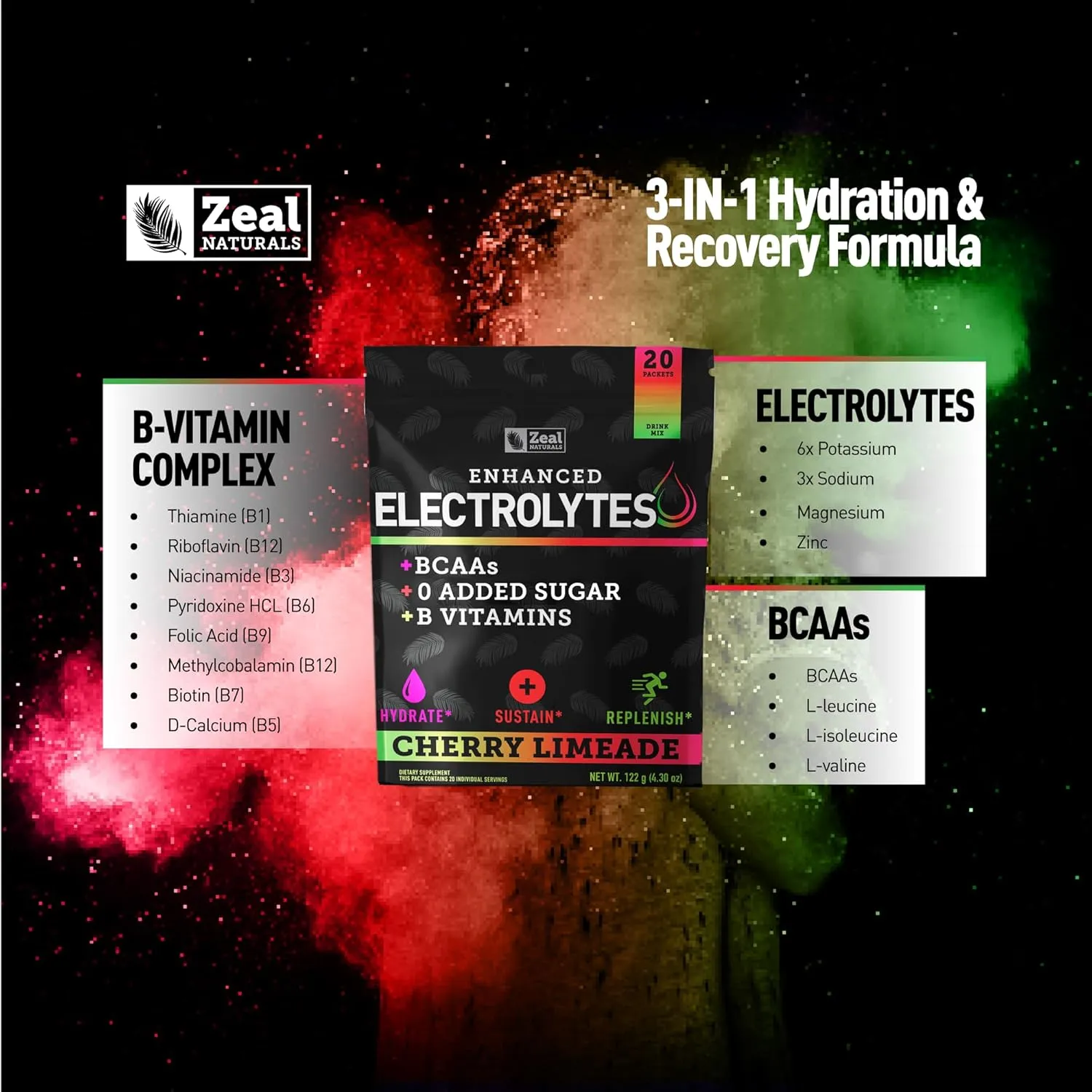 Enhanced Electrolyte Powder Stick Packs (Cherry Limeade | 20 Packets) w 0 Sugar  BCAAs  B-Vitamins Electrolyte Supplement w Potassium Zinc & Magnesium for Hydration - Keto Electrolytes
