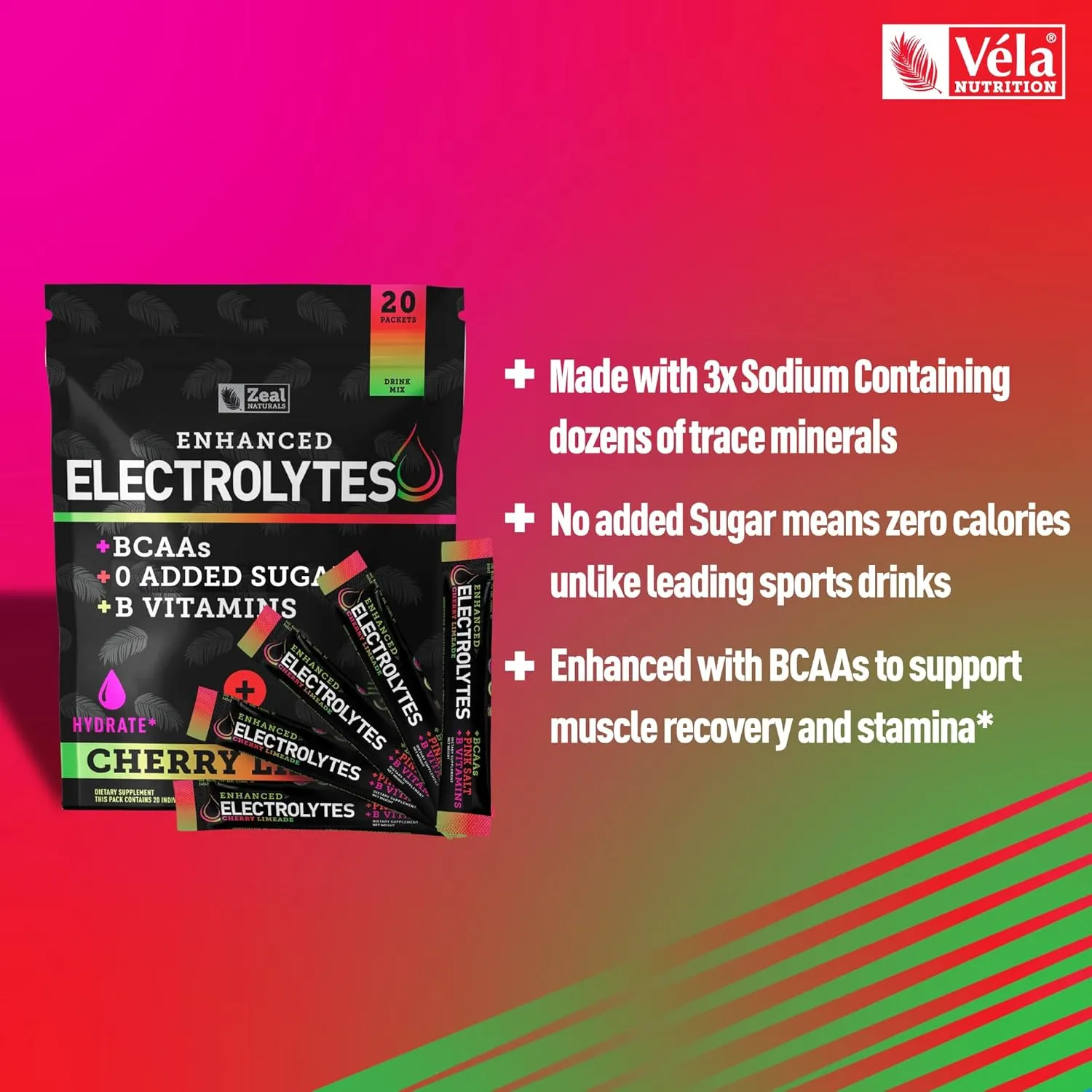 Enhanced Electrolyte Powder Stick Packs (Cherry Limeade | 20 Packets) w 0 Sugar  BCAAs  B-Vitamins Electrolyte Supplement w Potassium Zinc & Magnesium for Hydration - Keto Electrolytes