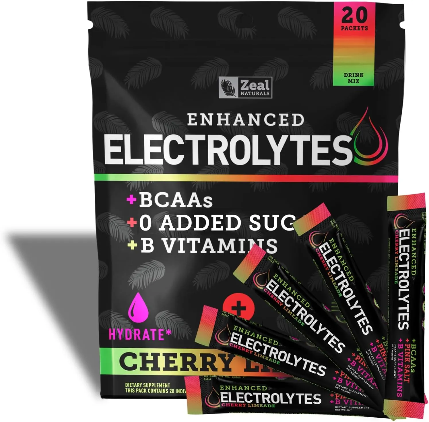 Enhanced Electrolyte Powder Stick Packs (Cherry Limeade | 20 Packets) w 0 Sugar  BCAAs  B-Vitamins Electrolyte Supplement w Potassium Zinc & Magnesium for Hydration - Keto Electrolytes