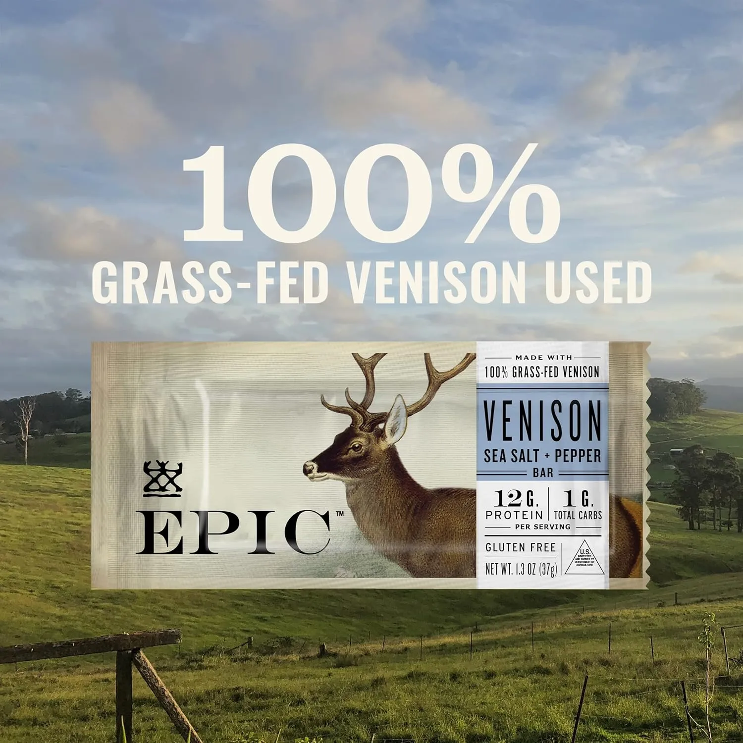 EPIC Bars, Venison Sea Salt and Pepper Bar, Keto Friendly, Whole30 Approved, Gluten Free, 12 Count, 15.6 oz