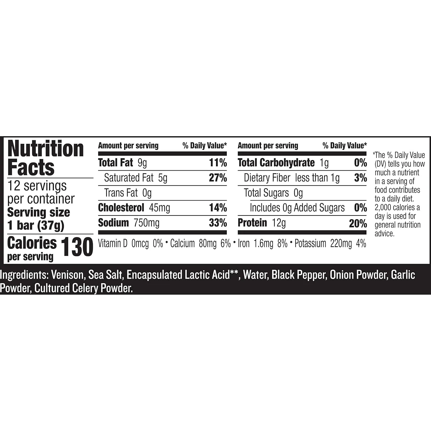EPIC Bars, Venison Sea Salt and Pepper Bar, Keto Friendly, Whole30 Approved, Gluten Free, 12 Count, 15.6 oz