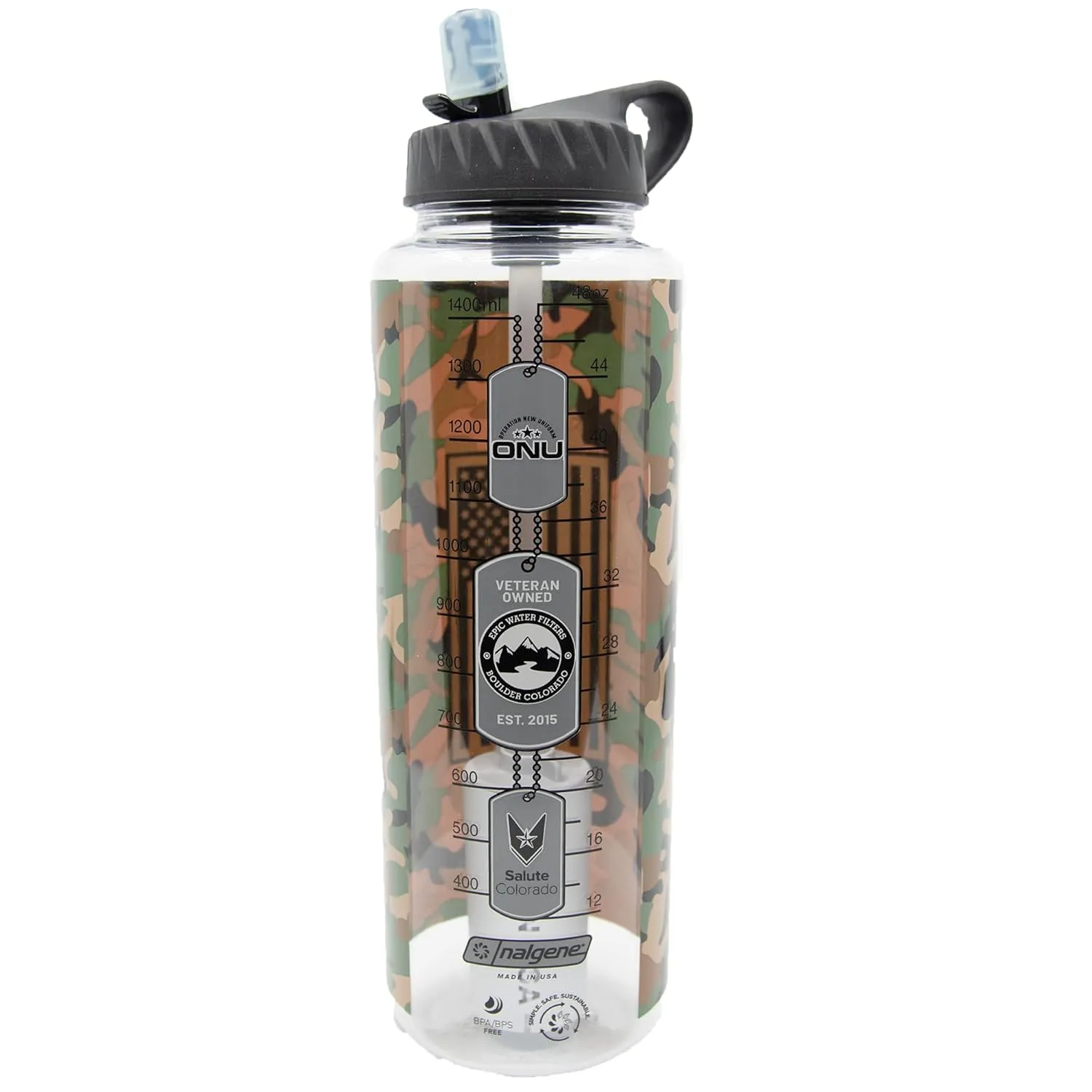 Epic Water Filters Nalgene OG Water Bottle with Filter, USA Made, BPA Free, Removes 99.99% Tap Water Contaminants, Forever Chemicals (Military Support, 48 Ounce)