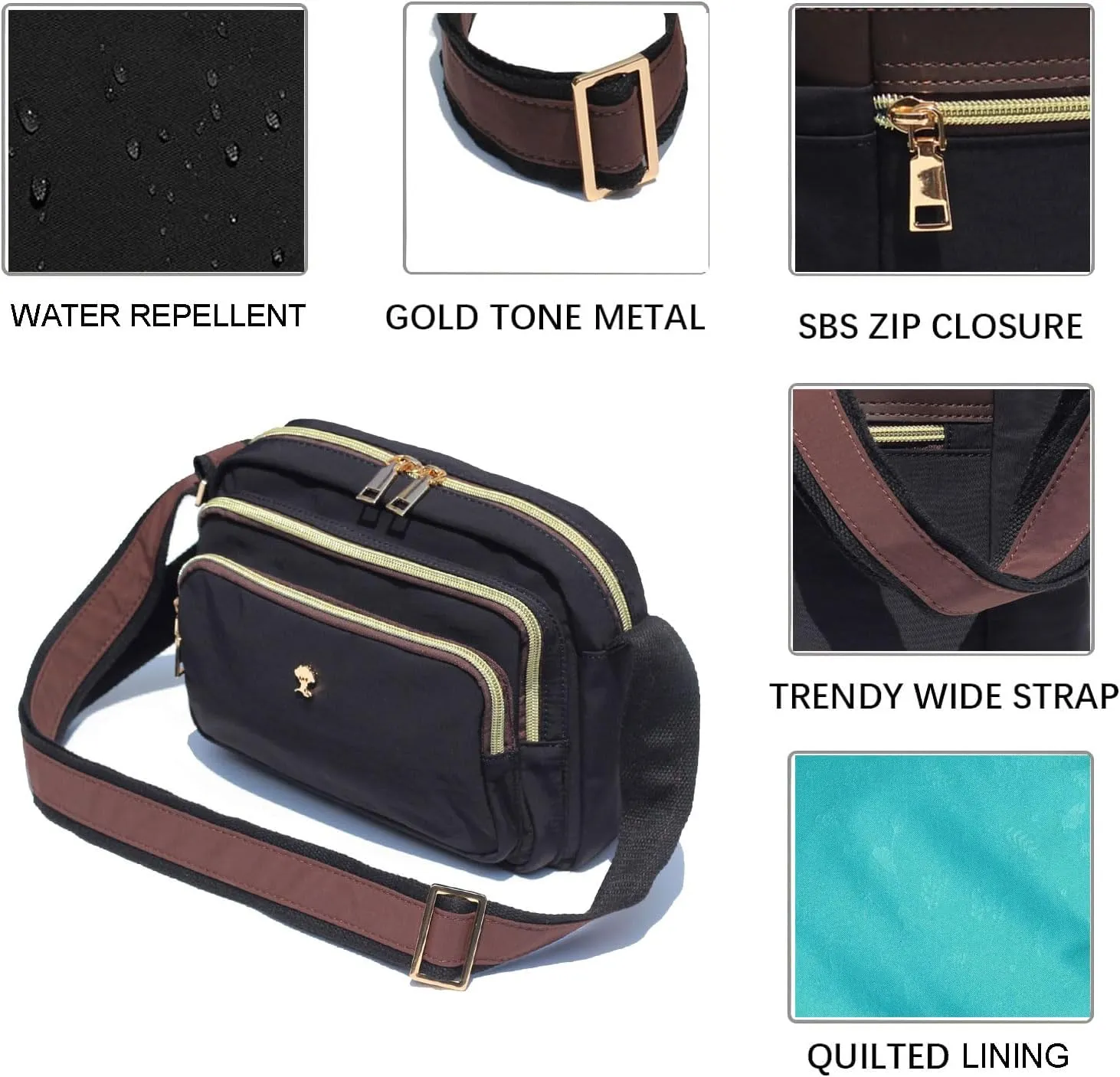 ESVAN Triple Zip Crossbody Bags for Women Fashion Ladies Purse Multi-Pocket Handbags Messenger Shoulder Bag
