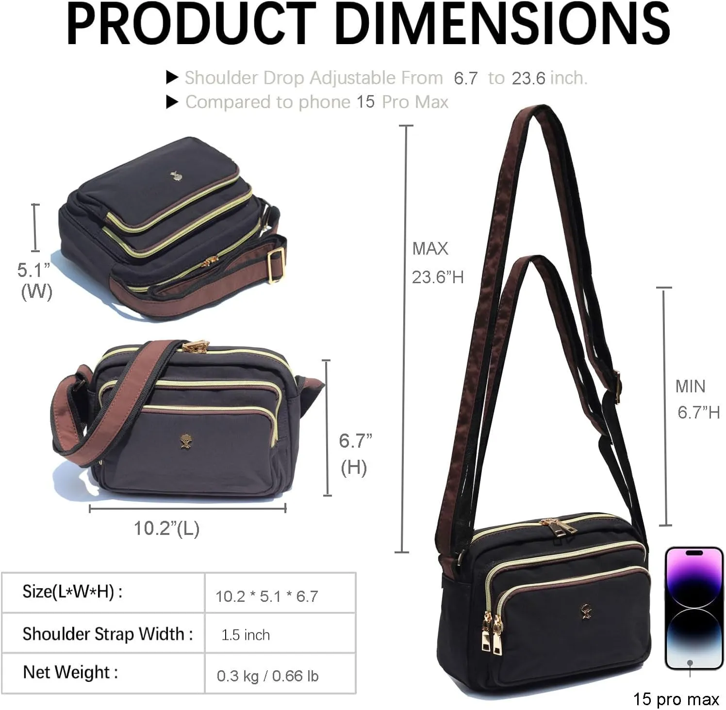 ESVAN Triple Zip Crossbody Bags for Women Fashion Ladies Purse Multi-Pocket Handbags Messenger Shoulder Bag
