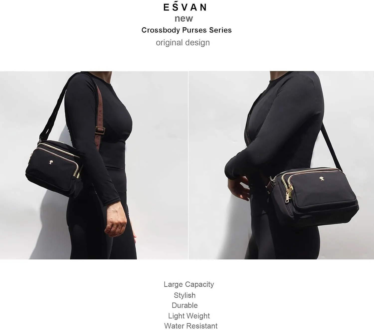 ESVAN Triple Zip Crossbody Bags for Women Fashion Ladies Purse Multi-Pocket Handbags Messenger Shoulder Bag