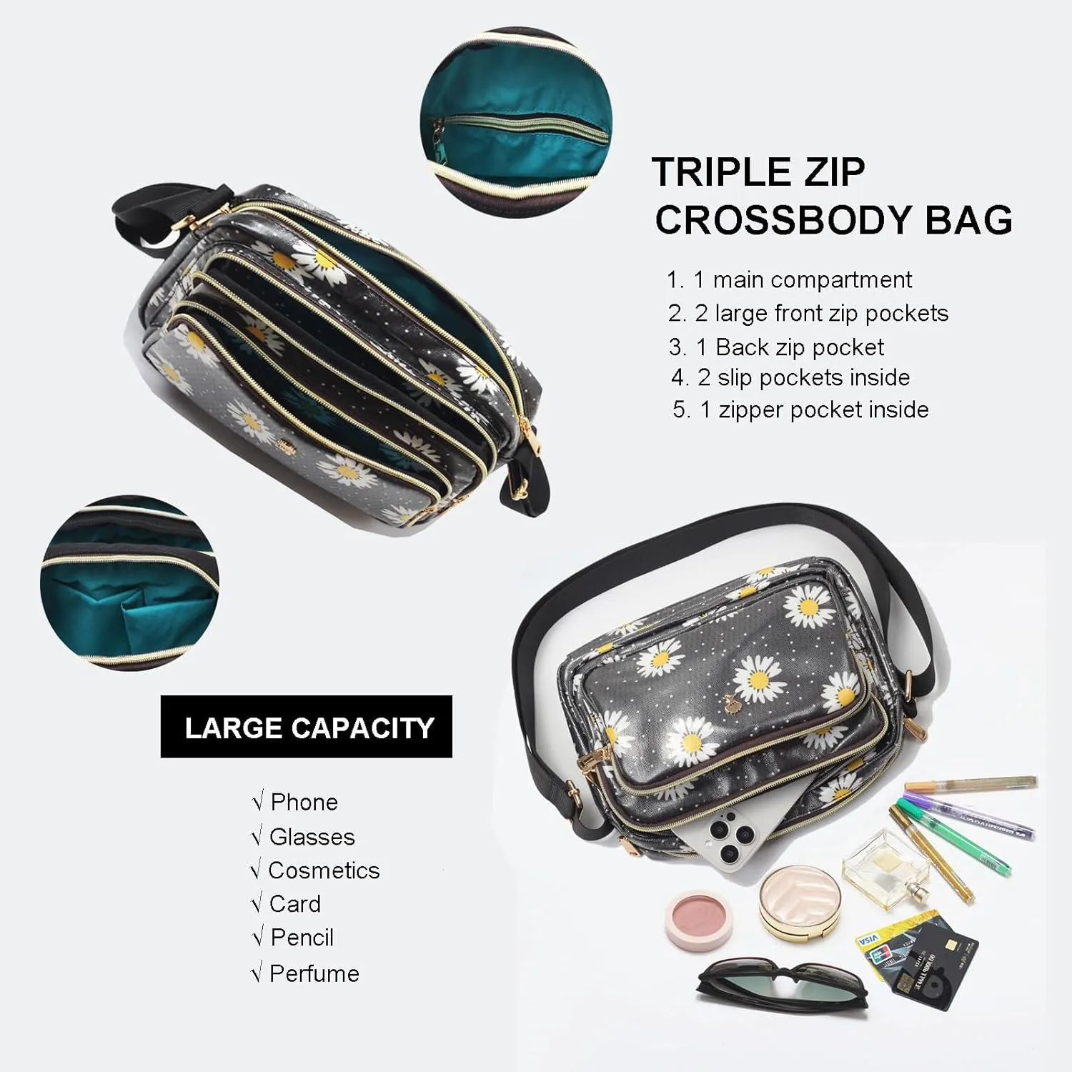 ESVAN Triple Zip Crossbody Bags for Women Fashion Ladies Purse Multi-Pocket Handbags Messenger Shoulder Bag