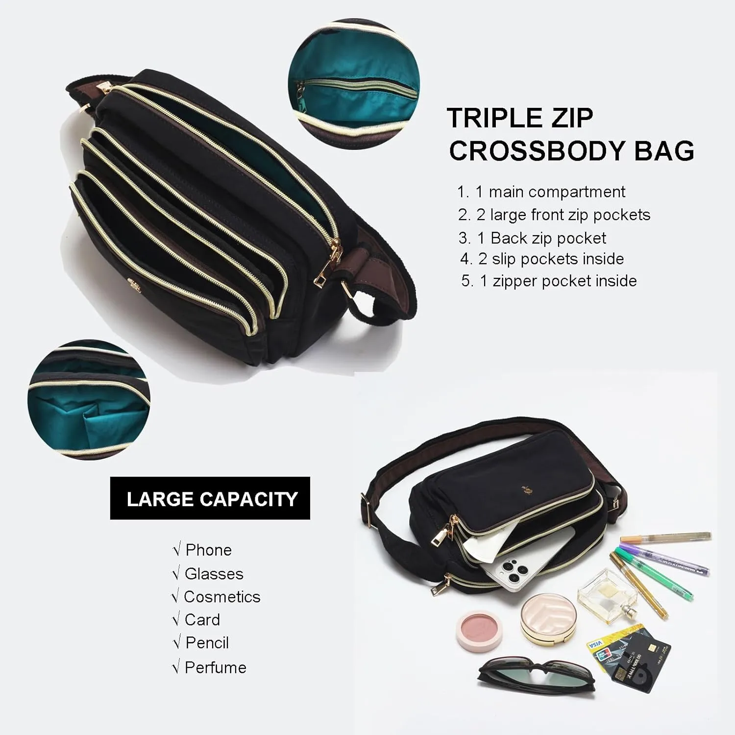 ESVAN Triple Zip Crossbody Bags for Women Fashion Ladies Purse Multi-Pocket Handbags Messenger Shoulder Bag
