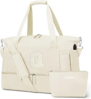 ETRONIK Personalized Initial Gym Bag, Travel Duffel Bag with USB Charging Port, Weekender Overnight Bag with Wet Pocket & Shoes Compartment, Great Gift for Women, Mom, Teachers, Friends (Letter Q)