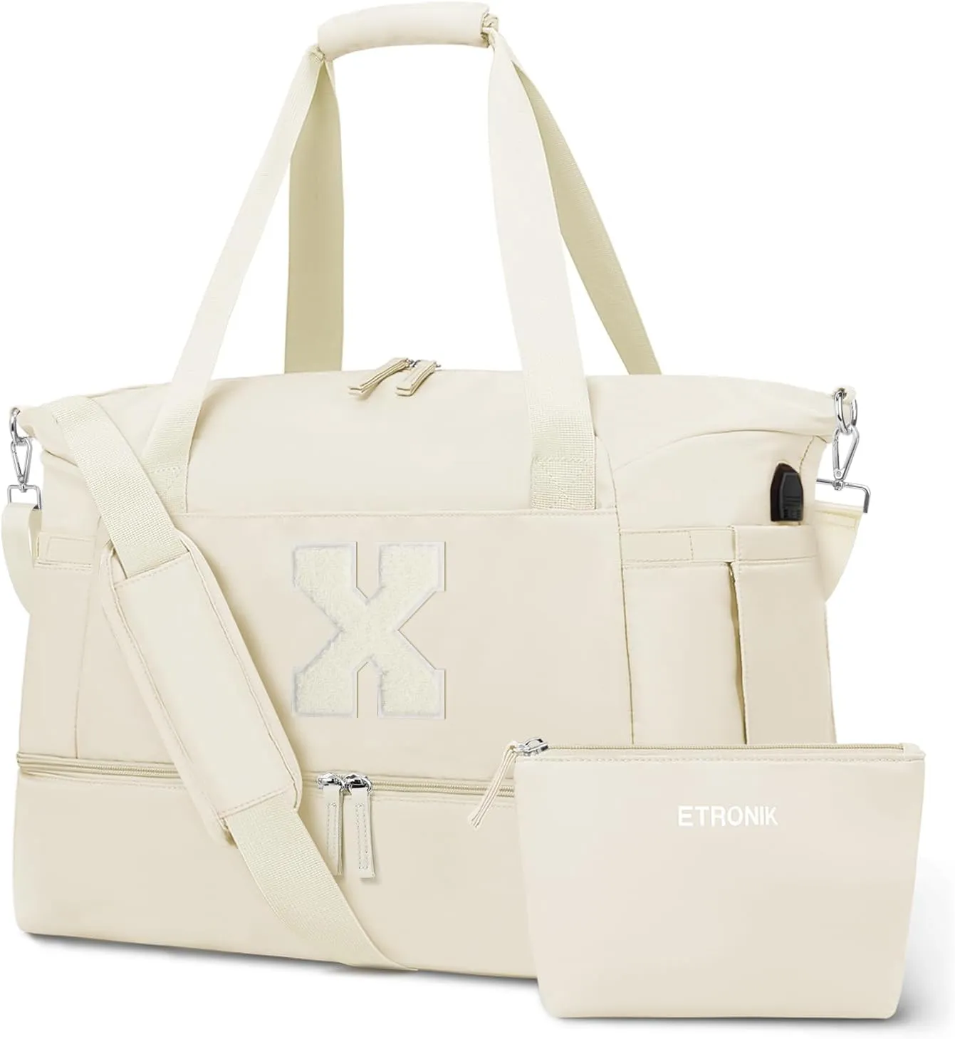 ETRONIK Personalized Initial Gym Bag, Travel Duffel Bag with USB Charging Port, Weekender Overnight Bag with Wet Pocket & Shoes Compartment, Great Gift for Women, Mom, Teachers, Friends (Letter X)