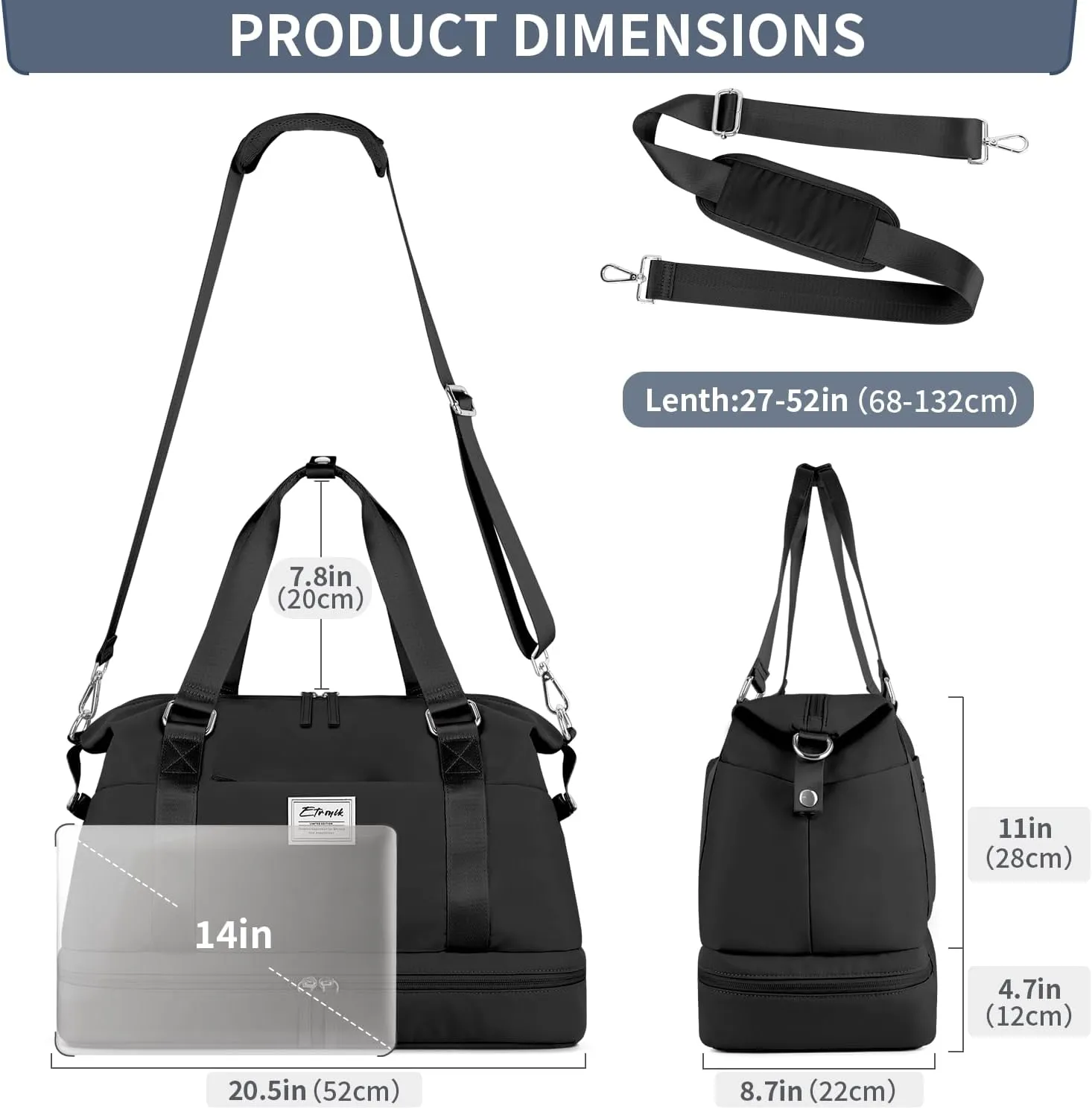 ETRONIK Weekender Bags for Women, Large Travel Bag with Shoes Compartment & Wet Pocket, Duffel Bag with Trolley Sleeve for Personal Item Travel, Overnight Carry on Bag, Black