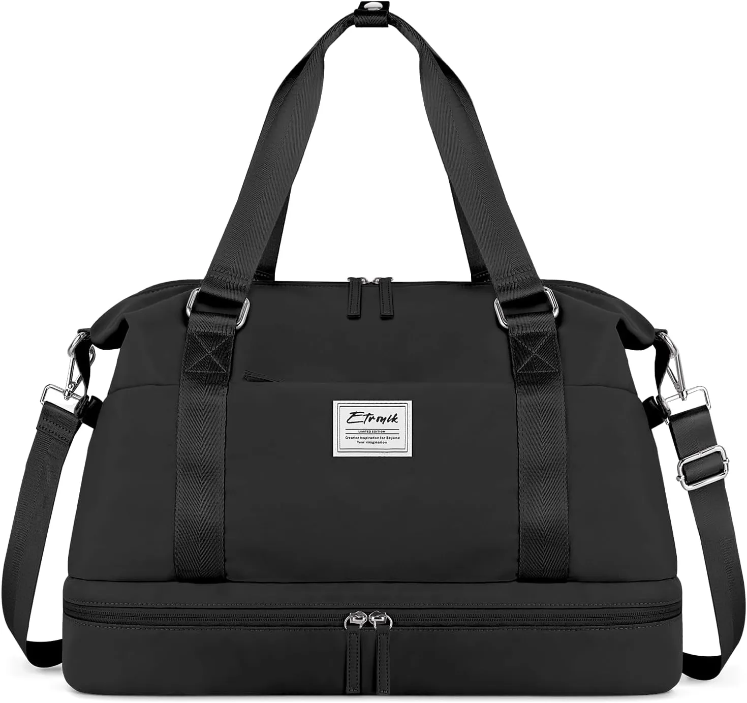 ETRONIK Weekender Bags for Women, Large Travel Bag with Shoes Compartment & Wet Pocket, Duffel Bag with Trolley Sleeve for Personal Item Travel, Overnight Carry on Bag, Black