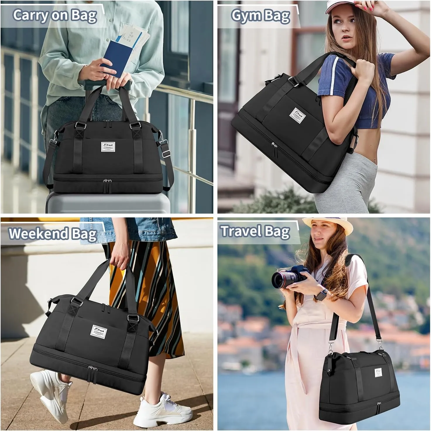 ETRONIK Weekender Bags for Women, Large Travel Bag with Shoes Compartment & Wet Pocket, Duffel Bag with Trolley Sleeve for Personal Item Travel, Overnight Carry on Bag, Black