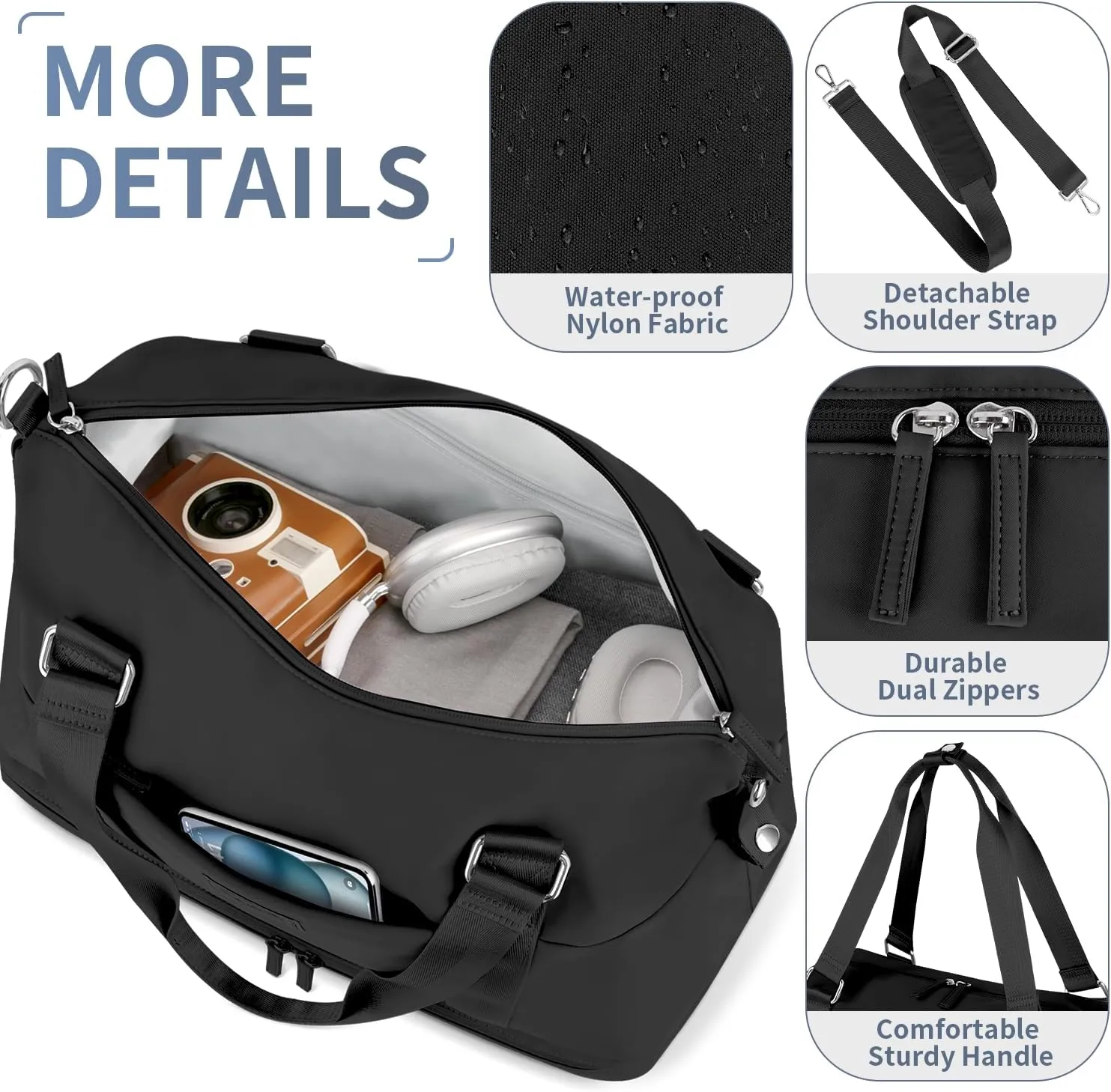 ETRONIK Weekender Bags for Women, Large Travel Bag with Shoes Compartment & Wet Pocket, Duffel Bag with Trolley Sleeve for Personal Item Travel, Overnight Carry on Bag, Black
