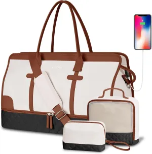 ETRONIK Weekender Overnight Bags for Women, Large Travel Duffle Bags with Shoe Compartment & Wet Pocket, Carry On Gym Bag with Toiletry Bags for Hospital 3 Pcs Set, Large Size, Black Beige Brown