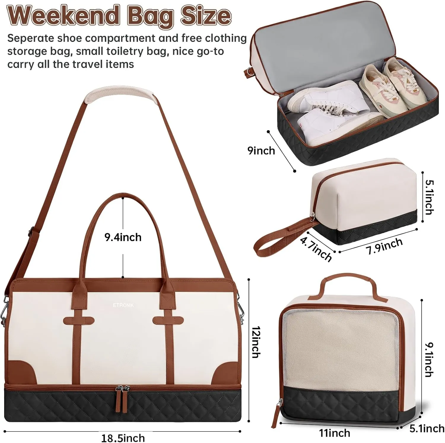 ETRONIK Weekender Overnight Bags for Women, Large Travel Duffle Bags with Shoe Compartment & Wet Pocket, Carry On Gym Bag with Toiletry Bags for Hospital 3 Pcs Set, Large Size, Black Beige Brown