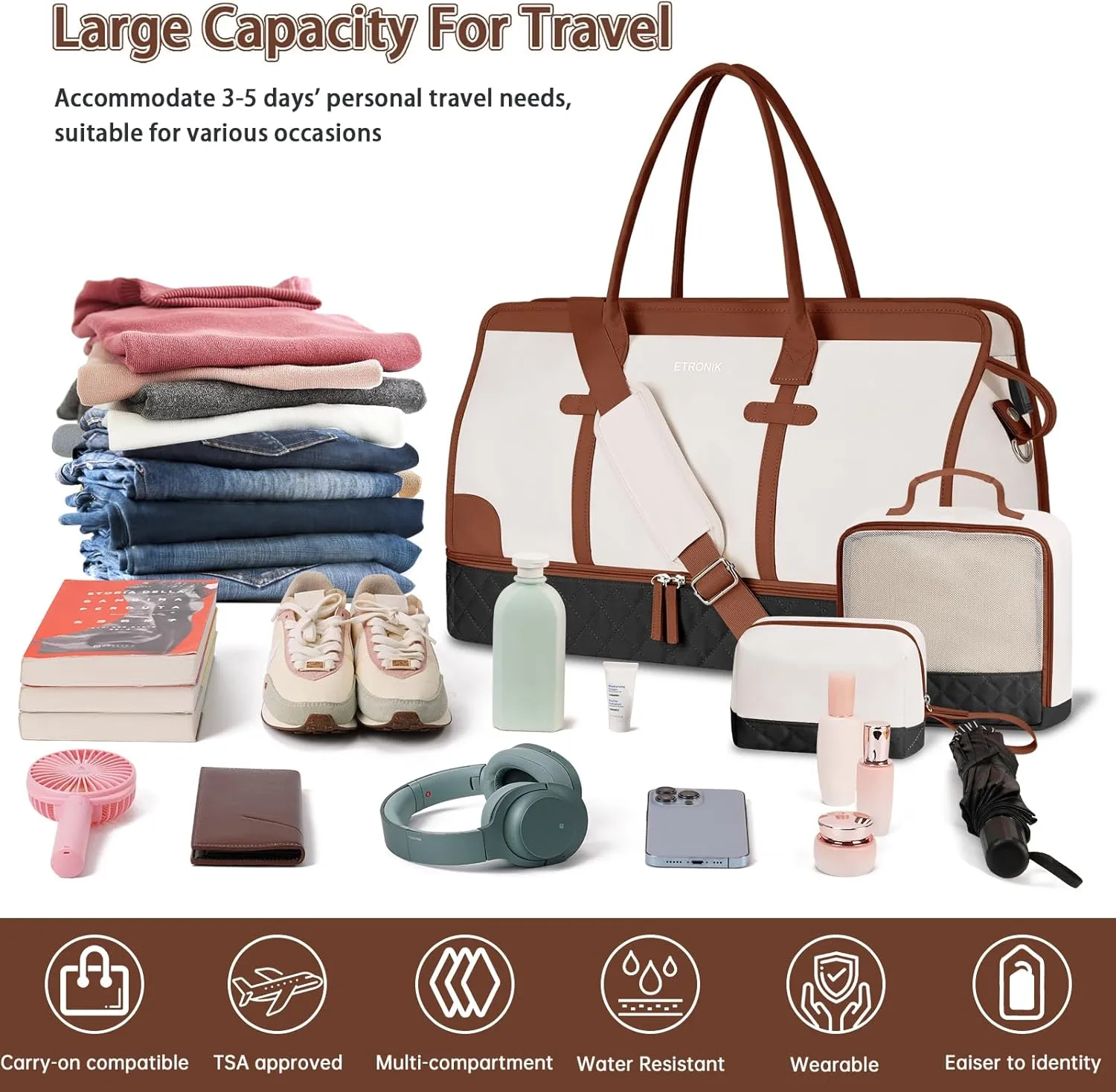 ETRONIK Weekender Overnight Bags for Women, Large Travel Duffle Bags with Shoe Compartment & Wet Pocket, Carry On Gym Bag with Toiletry Bags for Hospital 3 Pcs Set, Large Size, Black Beige Brown