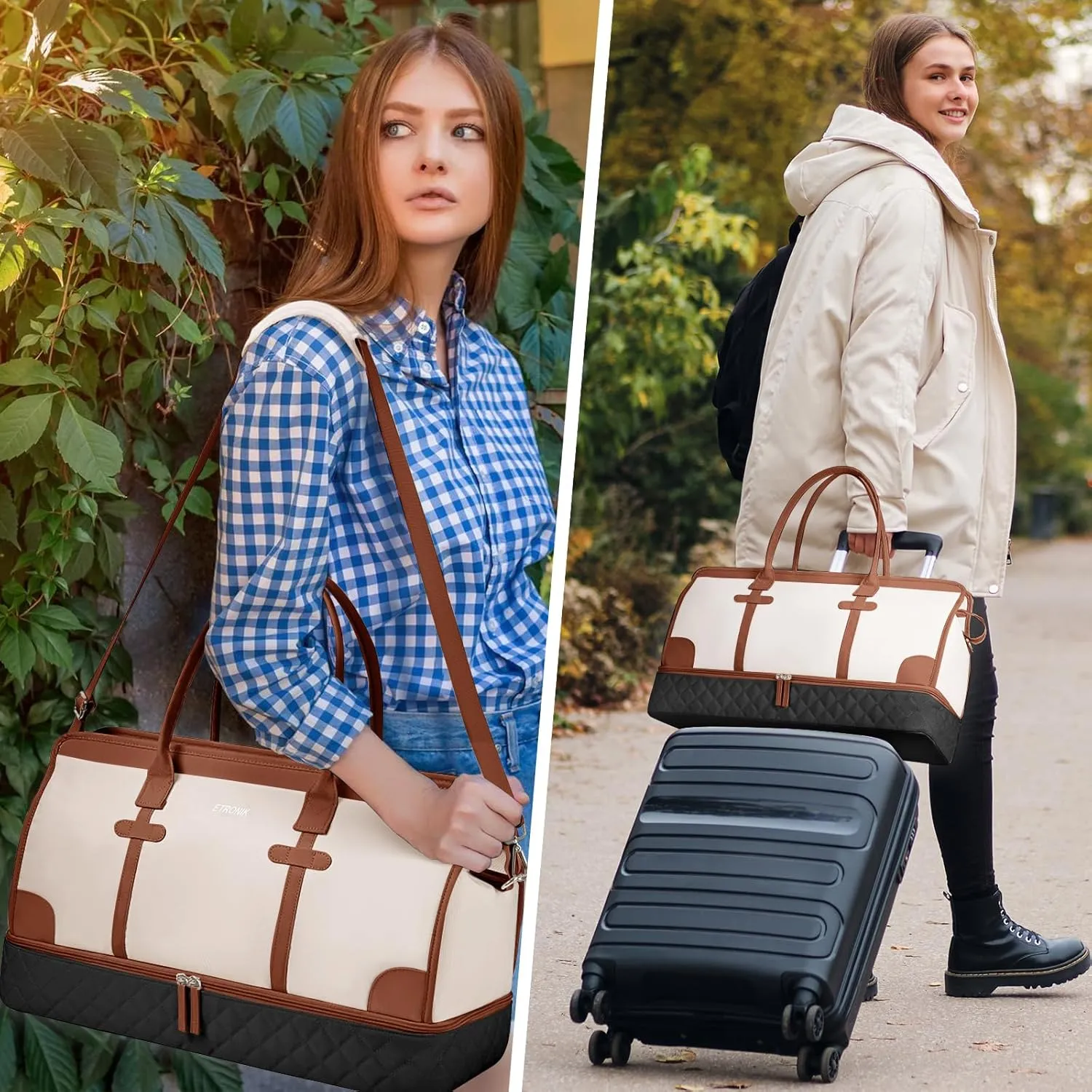 ETRONIK Weekender Overnight Bags for Women, Large Travel Duffle Bags with Shoe Compartment & Wet Pocket, Carry On Gym Bag with Toiletry Bags for Hospital 3 Pcs Set, Large Size, Black Beige Brown