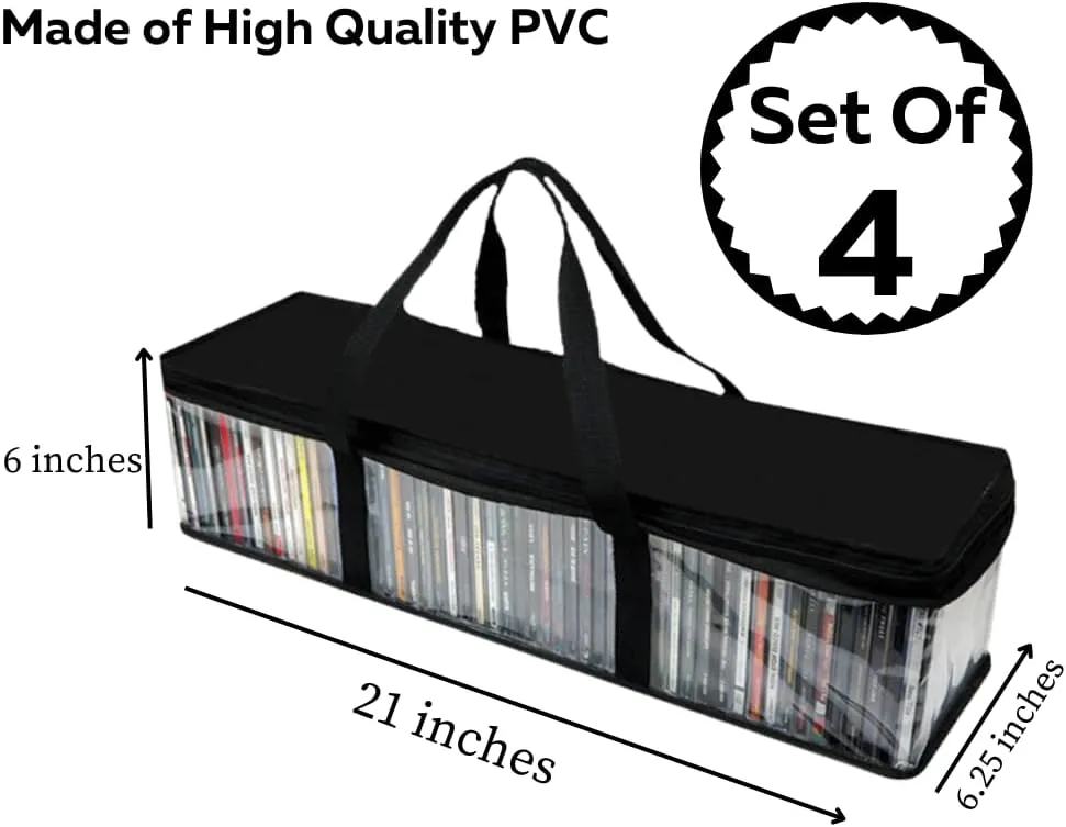 Evelots CD Storage Bags (4 Pack) Clear PVC Plastic Media Carrying Case with Zipper - Holds 200 CDs Total - Strong Handles - Protects CDs, Video Games, Music from Dirt & Moisture