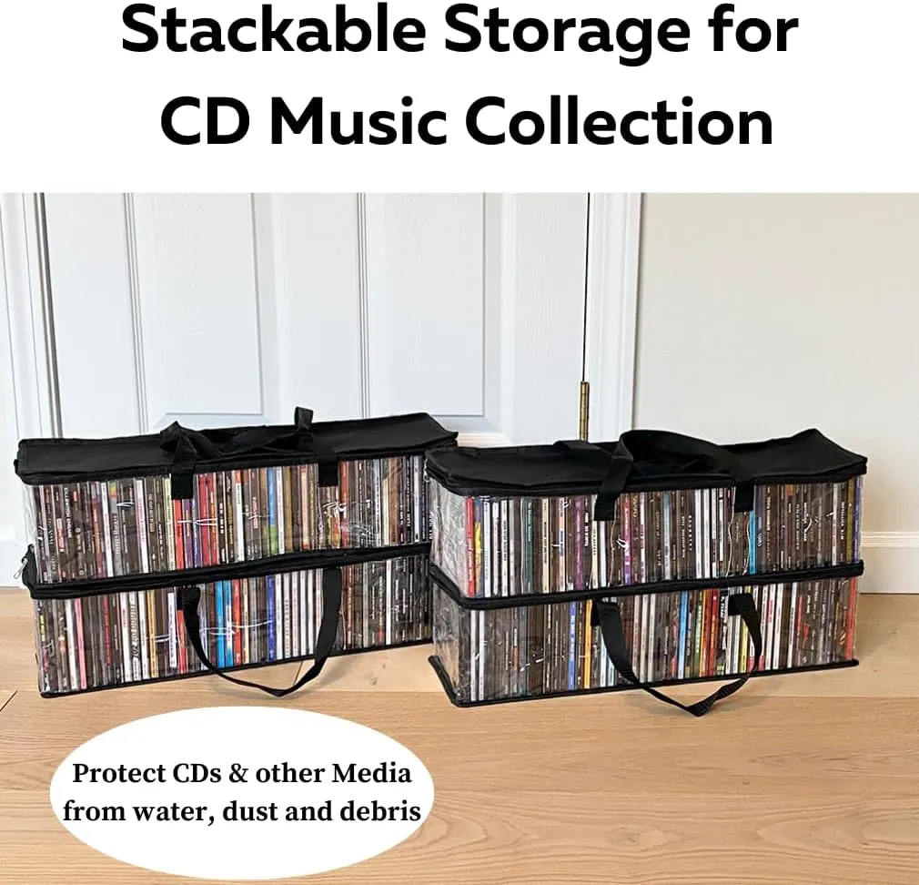 Evelots CD Storage Bags (4 Pack) Clear PVC Plastic Media Carrying Case with Zipper - Holds 200 CDs Total - Strong Handles - Protects CDs, Video Games, Music from Dirt & Moisture