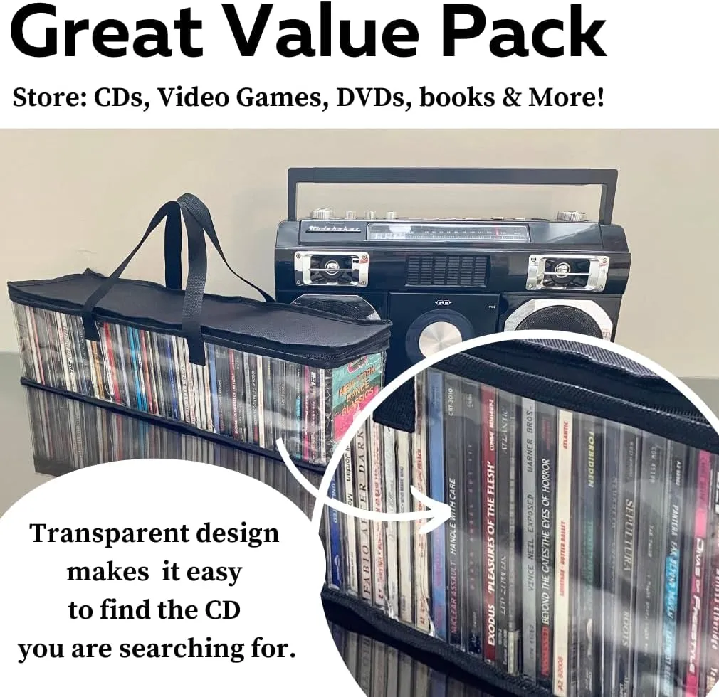 Evelots CD Storage Bags (4 Pack) Clear PVC Plastic Media Carrying Case with Zipper - Holds 200 CDs Total - Strong Handles - Protects CDs, Video Games, Music from Dirt & Moisture