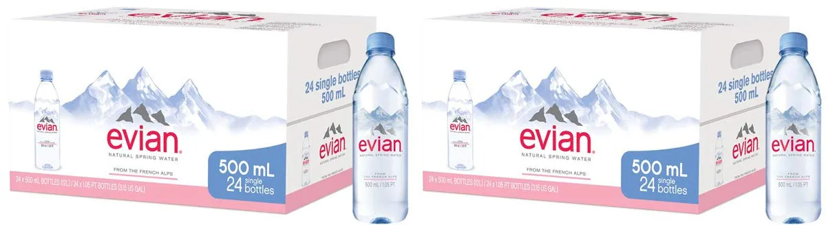 evian dSfg Natural Spring Water Individual 500 ml (16.9 oz.) Bottles, Naturally Filtered Spring Water in Individual-Sized Plastic Bottles, 2 Cases of 24