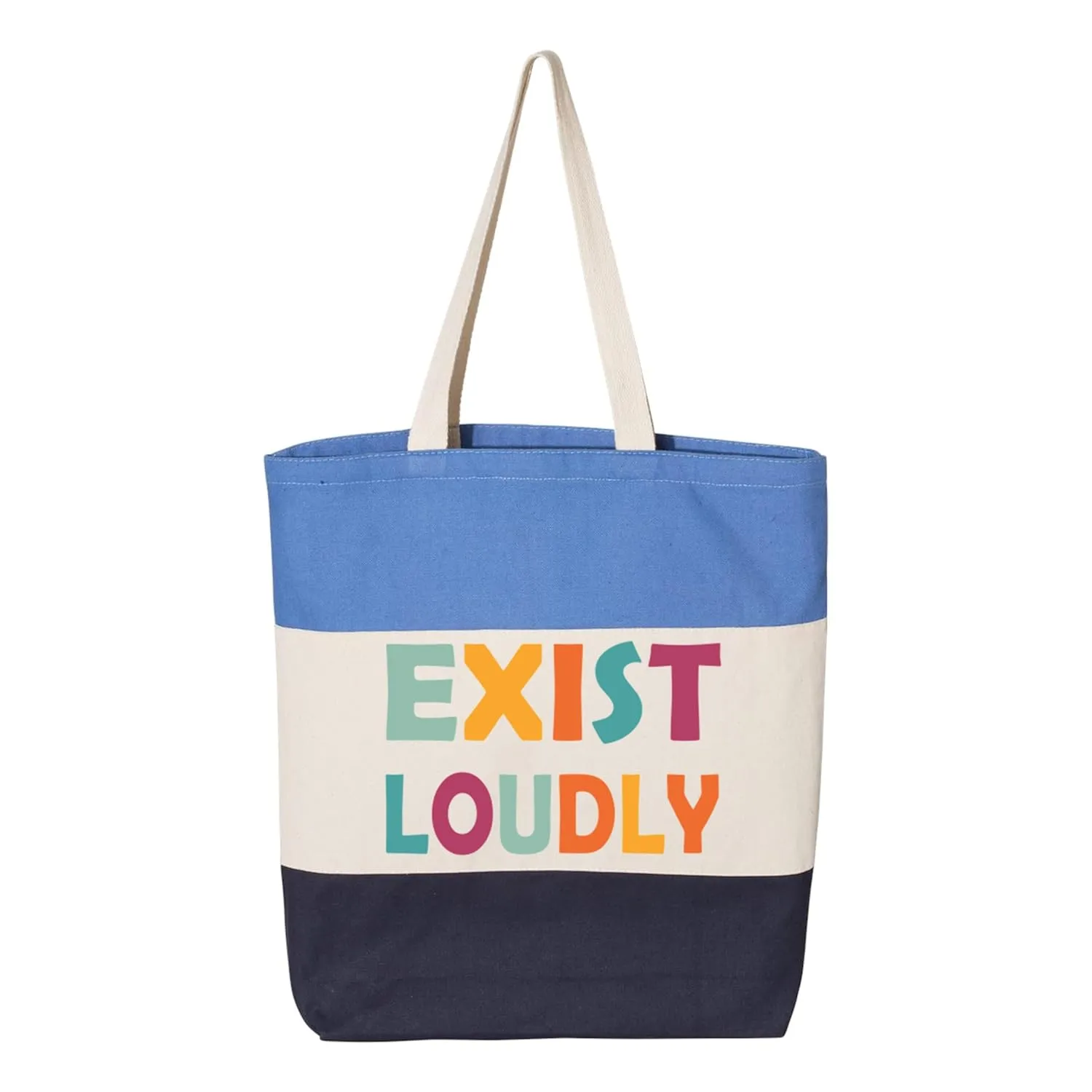 Exist Loudly Tote Bag, Fundamental Rights, Women's Gift Tote Bag, Empowerment Gift, (Tri-Color Tote Bag 11L 15"L x 15"H x 3"D 100% cotton. 20" self-fabric handle. 9" handle drop.)