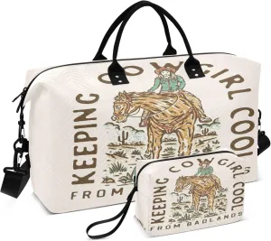 Exnundod Cowgirl Horse Travel Duffel Bags for Women Vintage Badge Desert Sports Gym Bag Weekender Carry On Tote Overnight Luggage Duffle Bags